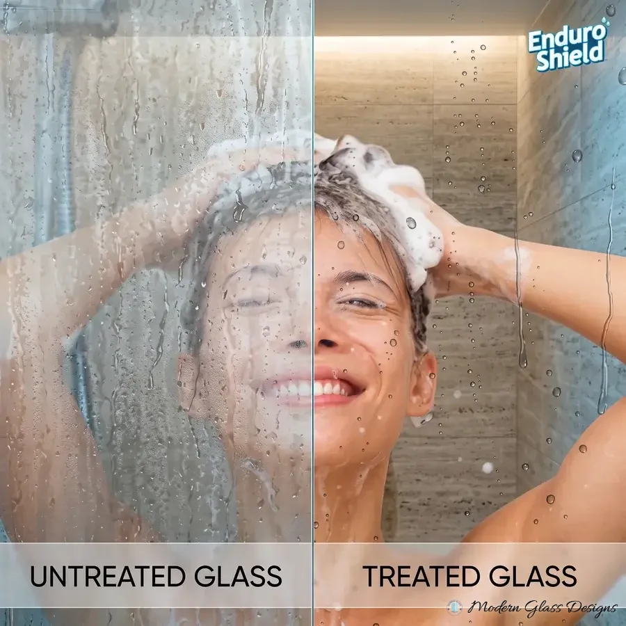 Shower glass comparison showing untreated glass with water spots and EnduroShield treated glass that stays clear