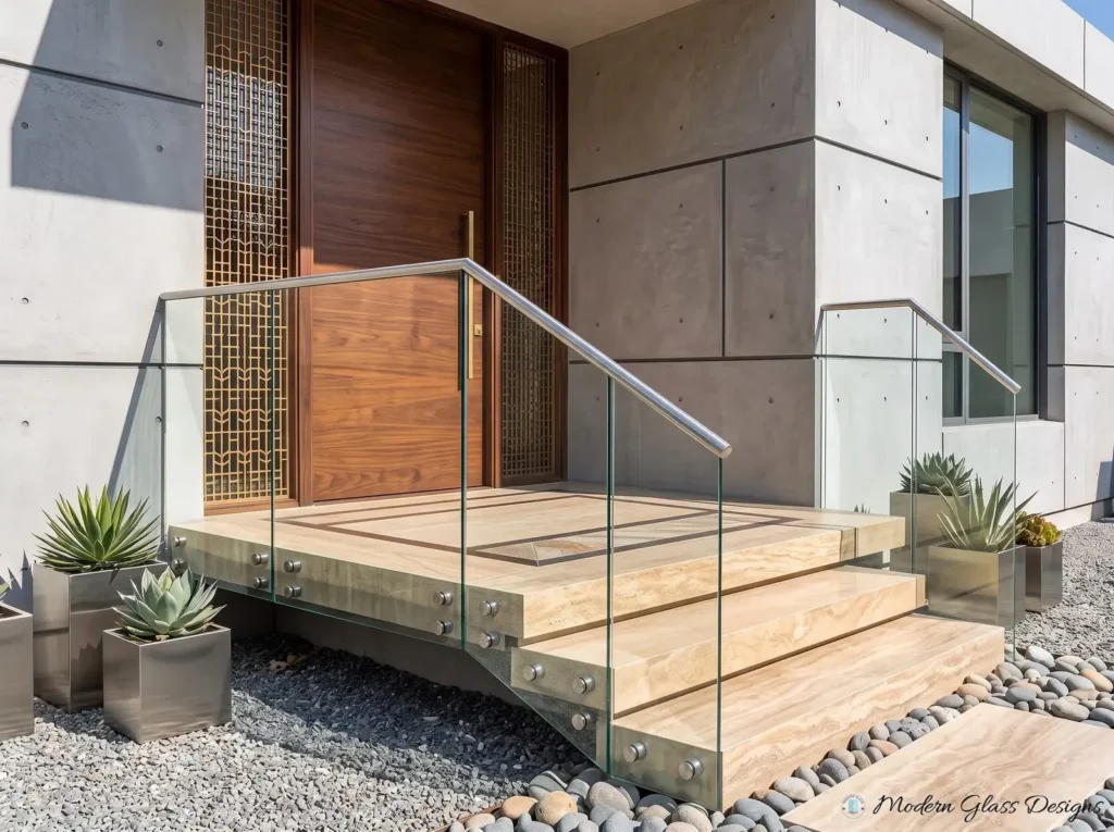 Glass railing fixed with standoffs along stone entry steps, with a round metal top rail