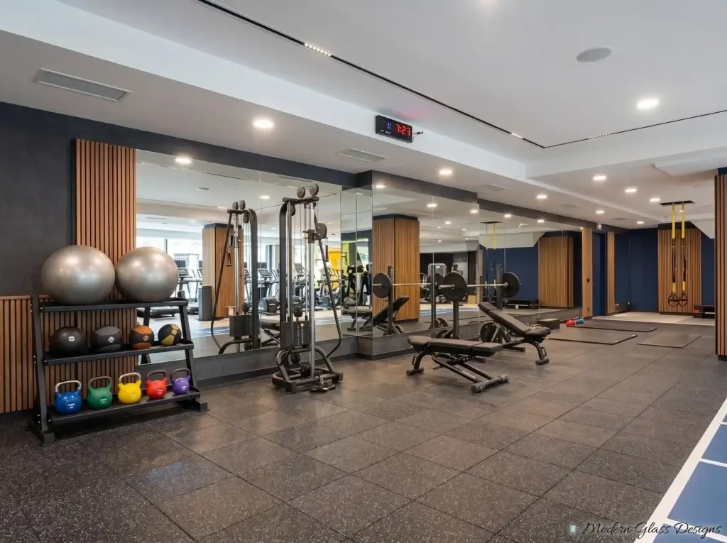 Mirror wall in a building fitness center