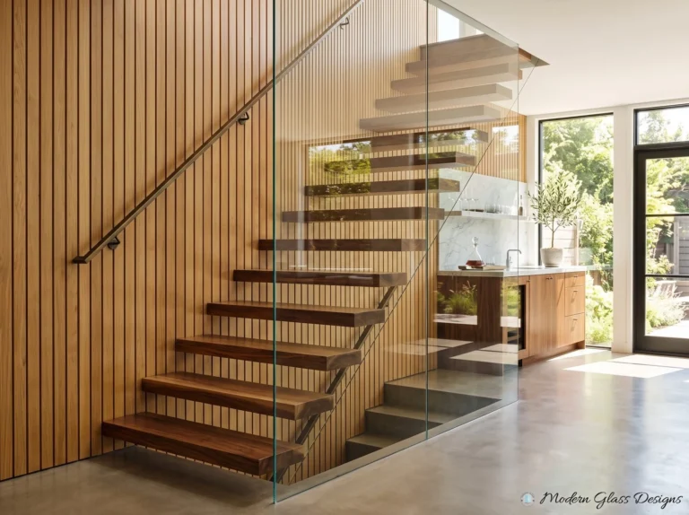 Full-height glass panel beside floating wood stairs and a wood slat wall