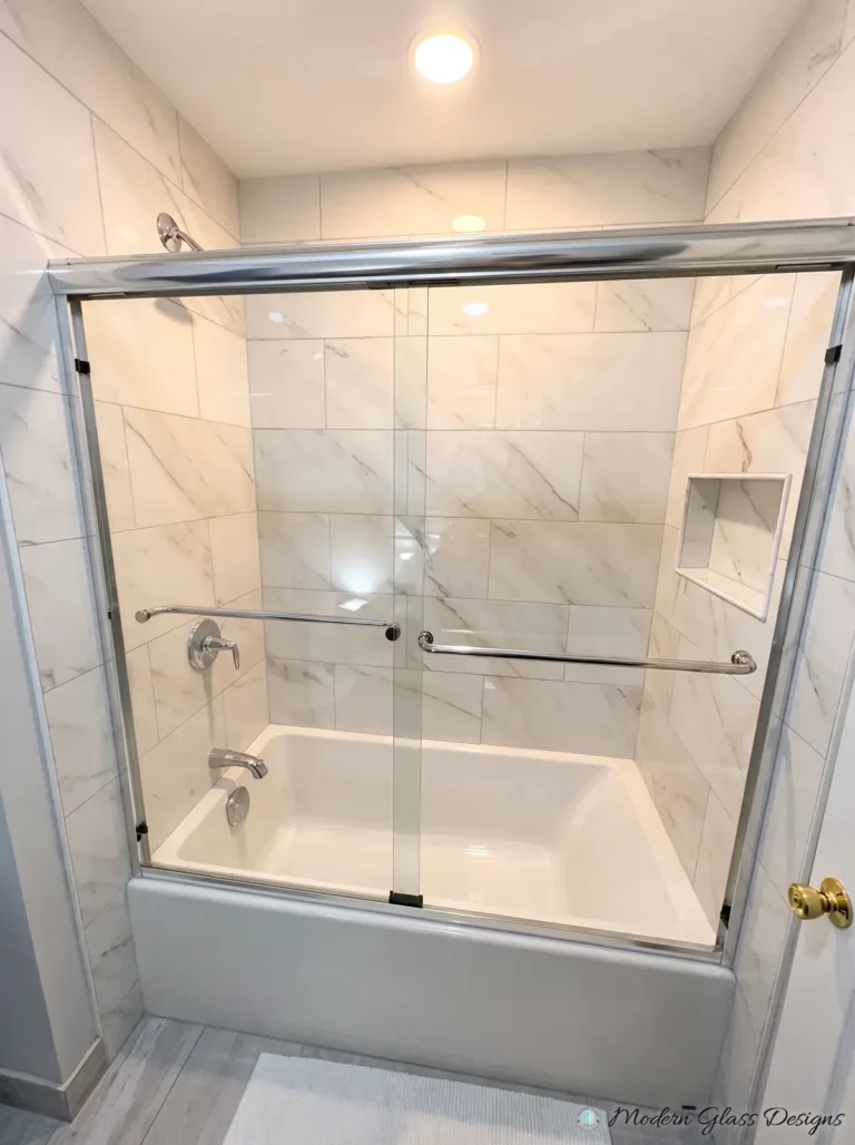 Framed Bypass Sliding Tub Doors, Chrome, Marble-Look Tile