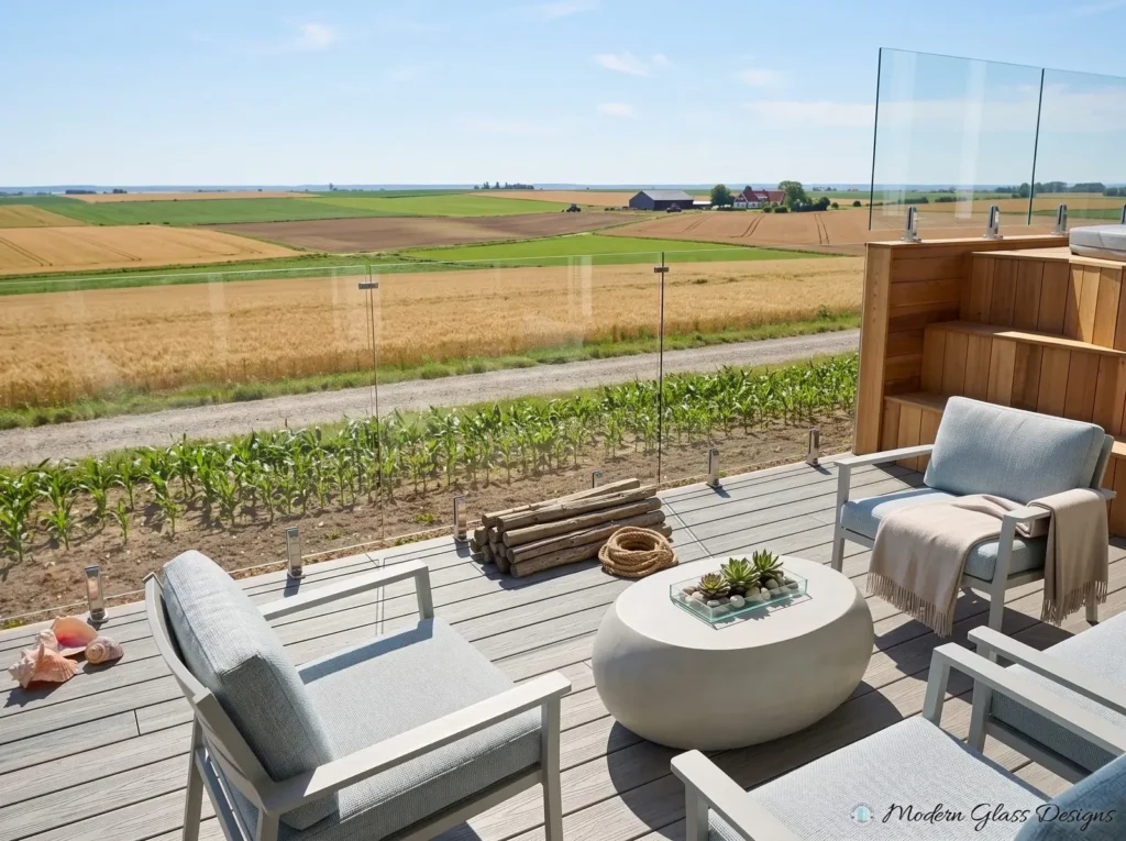 Frameless glass deck railing on square spigots overlooking open farmland