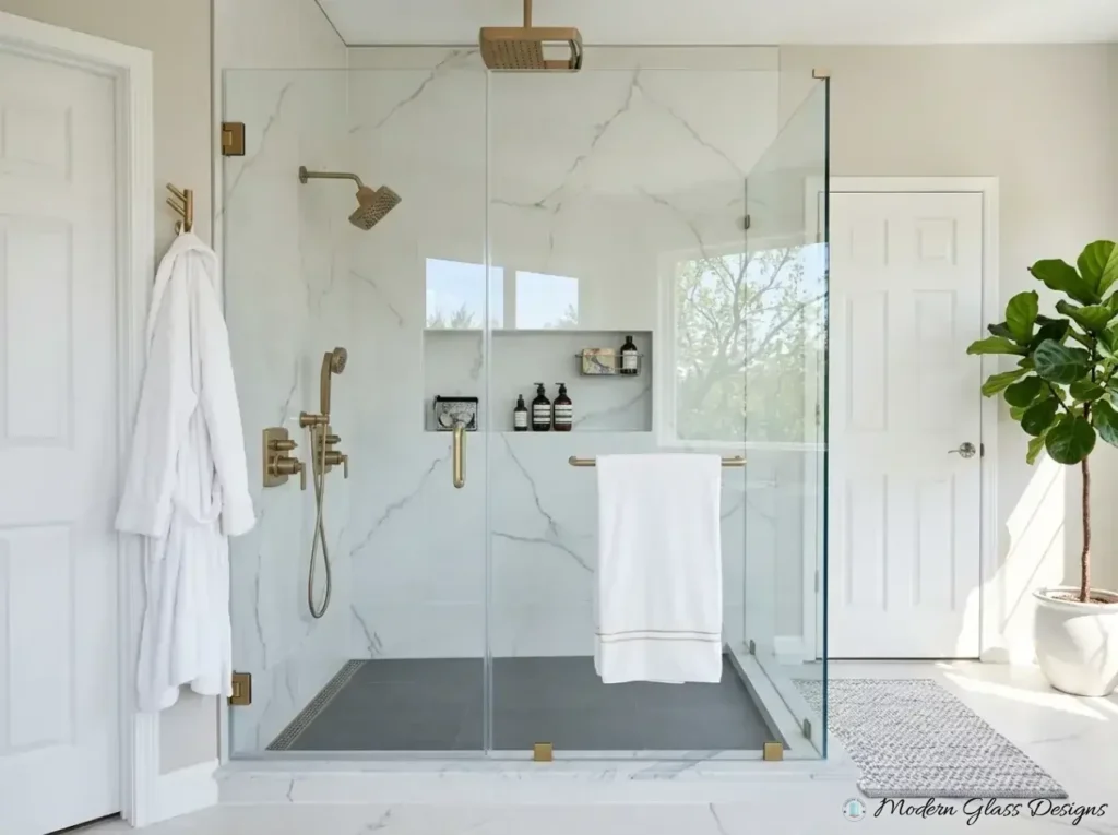 Frameless glass shower enclosure with brushed gold hardware and marble tile