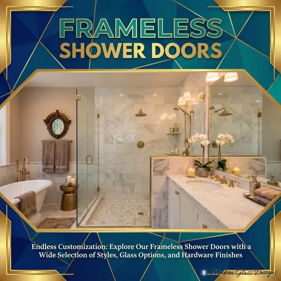 Frameless glass shower with brushed gold hardware in a marble bathroom