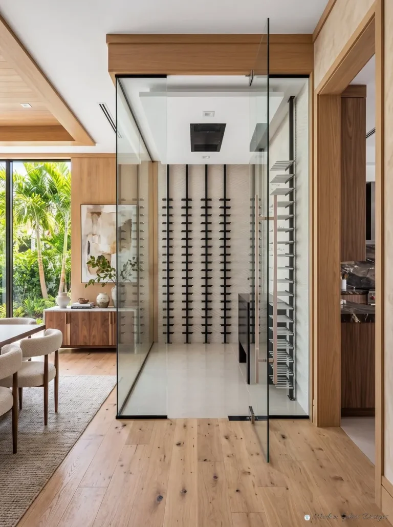 Frameless glass wine room with a pivot door