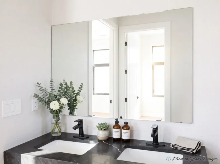 Frameless mirror above a double vanity with a black countertop