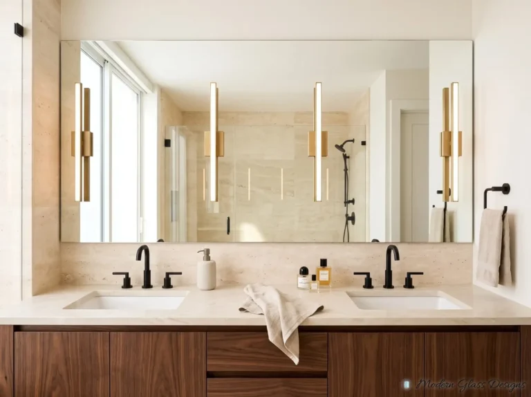 Wide frameless mirror with openings for two vertical wall lights above a double vanity