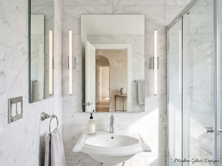 Frameless mirror between vertical light bars above a pedestal sink