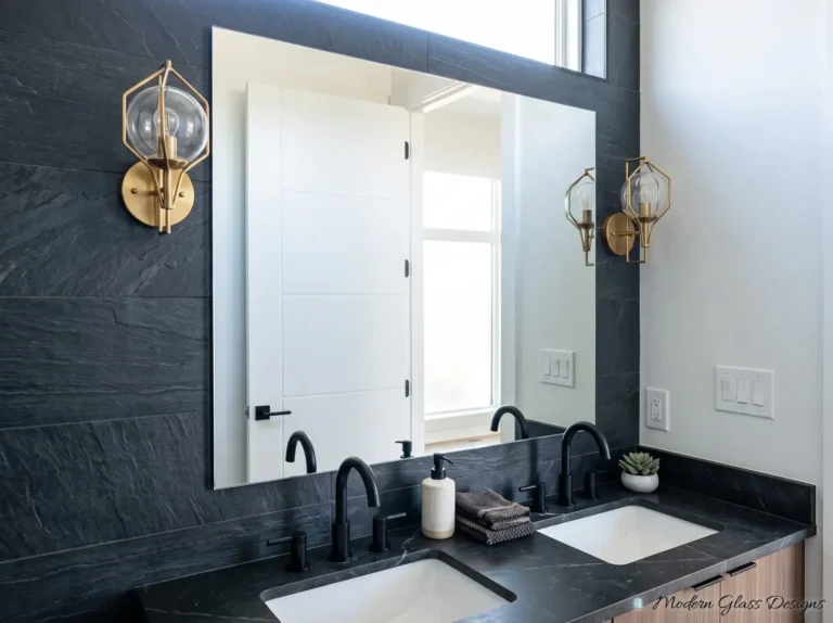 Frameless mirror on a dark tile wall with a sconce mounted on the mirror