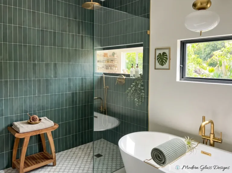 Fixed frameless glass shower screen beside a freestanding tub in a green-tiled bathroom