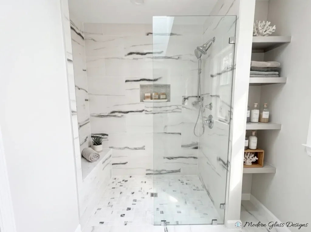 Frameless fixed glass shower screen on a walk-in marble shower with a tiled bench