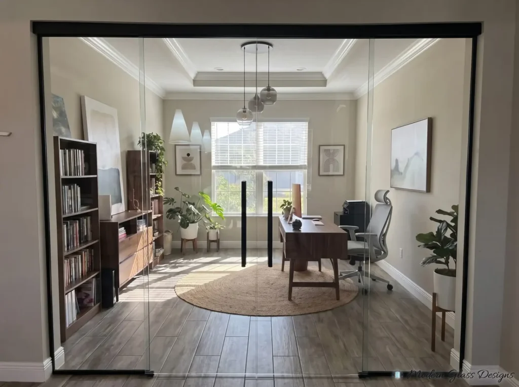 Frameless glass sliding doors on a black track opening into a home office
