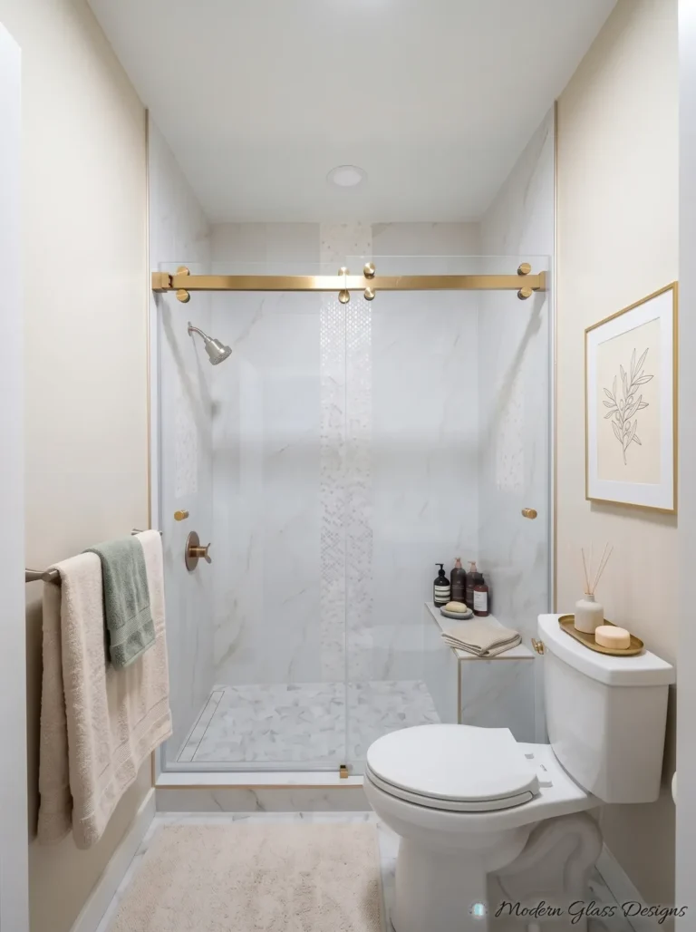 Frameless Sliding Shower Door, Brushed Brass, White Tile
