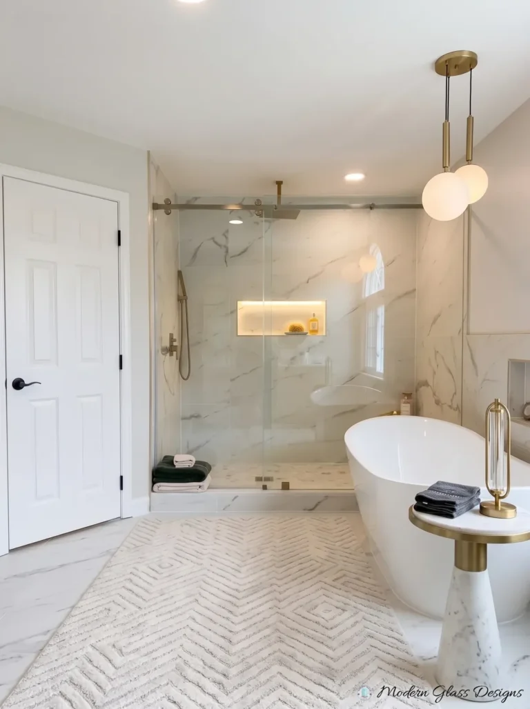 Frameless Sliding Shower Door, Brushed Gold, Freestanding Tub