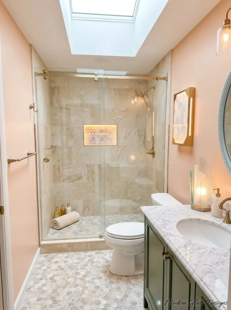 Frameless Sliding Shower Door, Brushed Gold, Travertine, Skylight