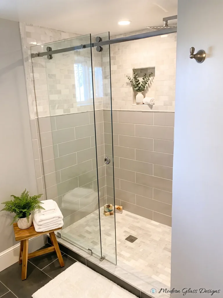 Frameless Sliding Shower Door, Brushed Nickel, Grey and Marble Tile
