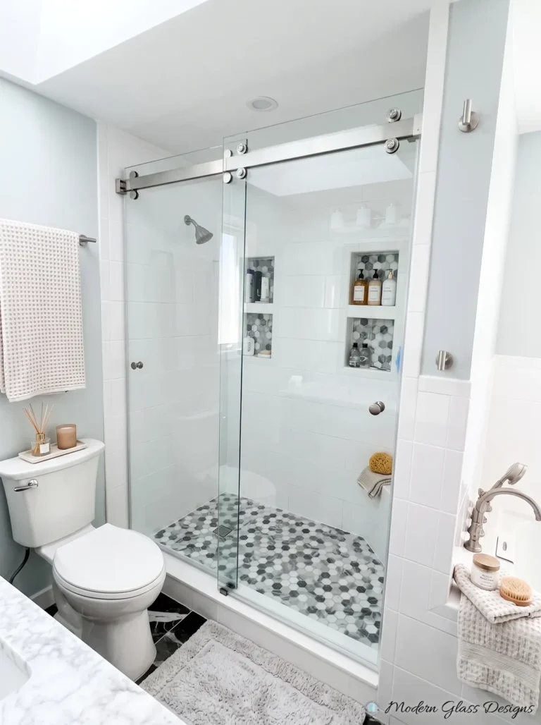 Frameless Sliding Shower Door, Brushed Nickel, Hex Mosaic Floor