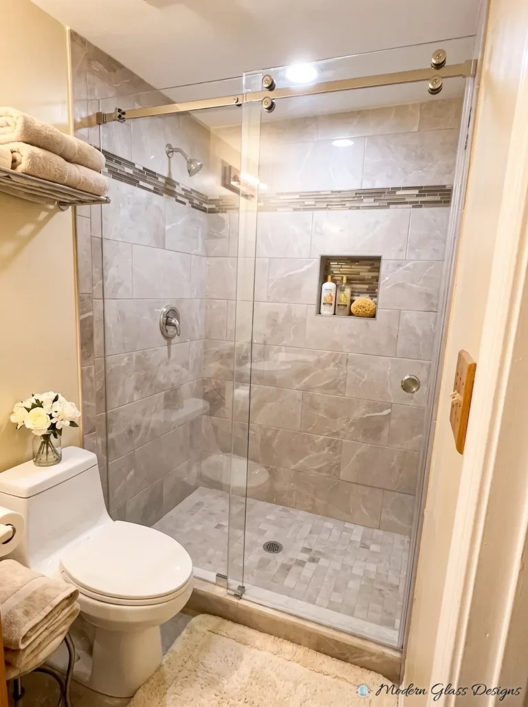 Frameless Sliding Shower Door, Brushed Nickel, Mosaic Band