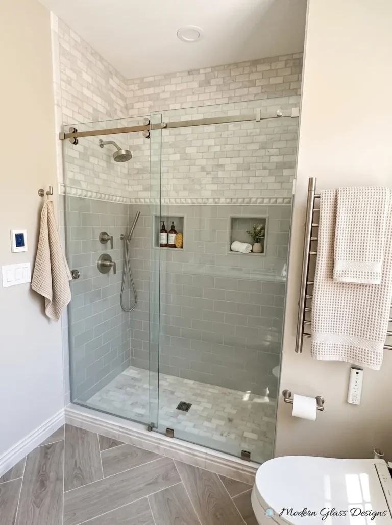 Frameless Sliding Shower Door, Brushed Nickel, Sage and Marble Tile