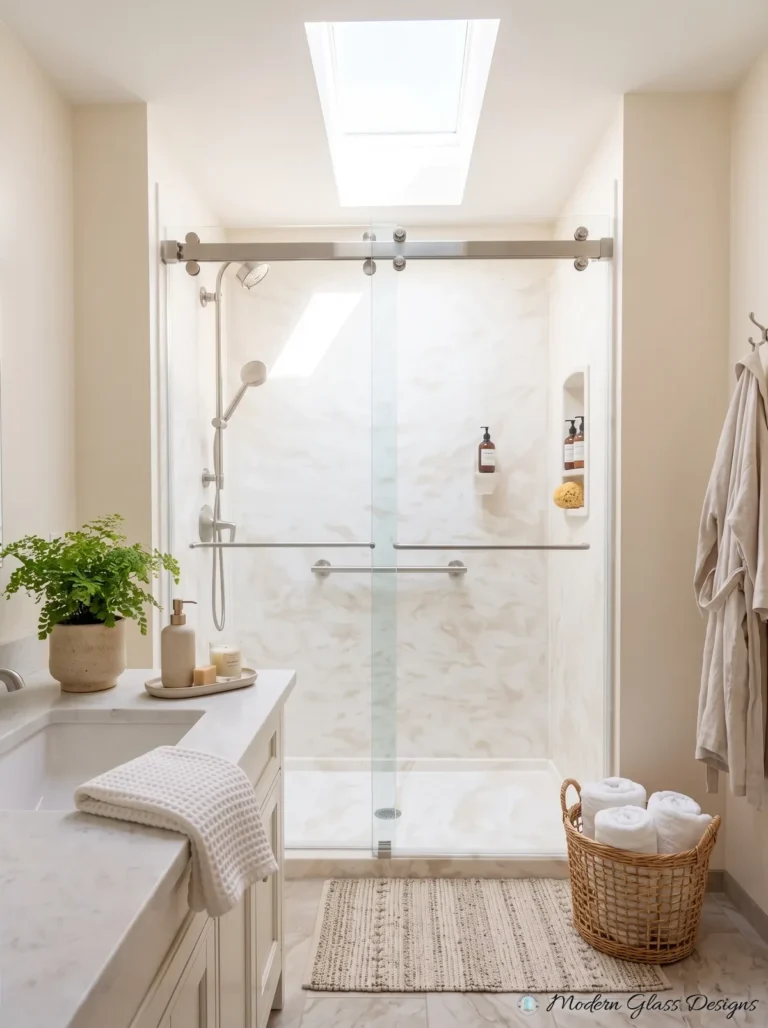 Frameless Sliding Shower Door, Brushed Nickel, Skylight