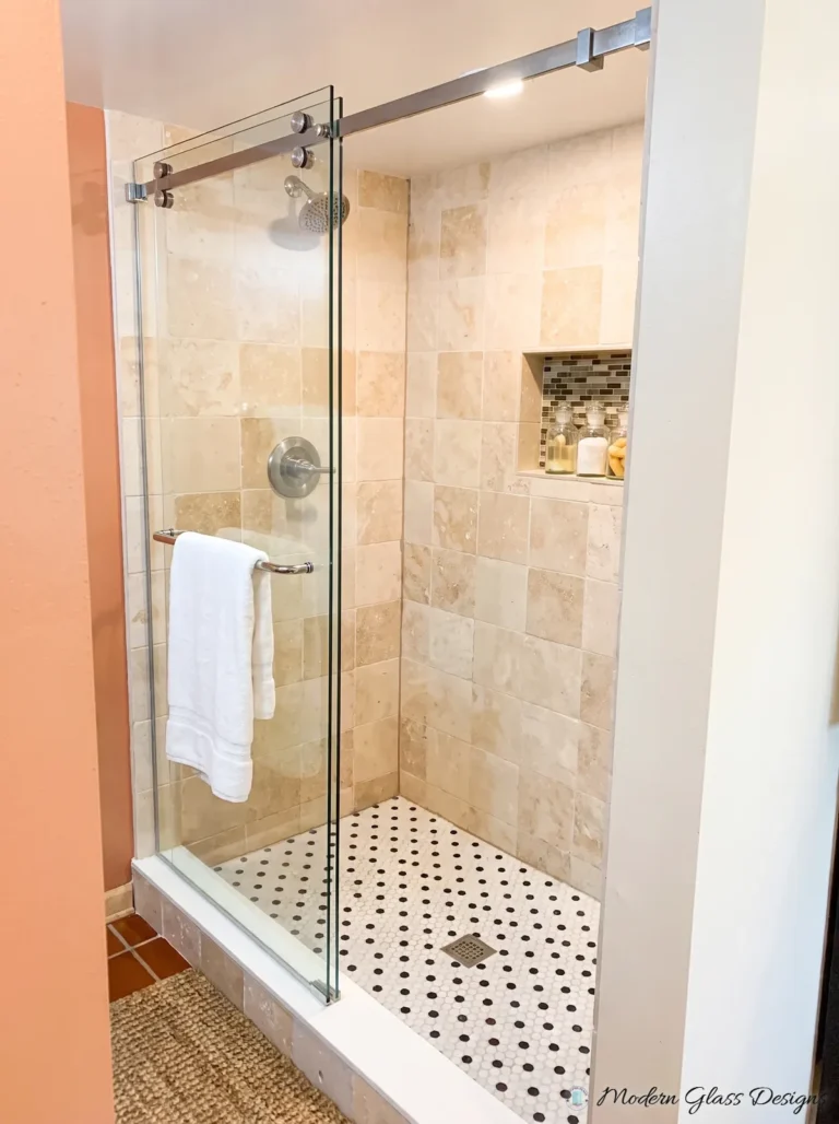 Frameless Sliding Shower Door, Brushed Nickel, Travertine