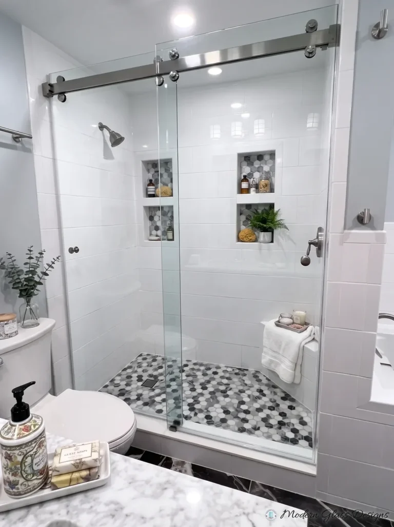 Frameless Sliding Shower Door, Brushed Nickel, Twin Niches