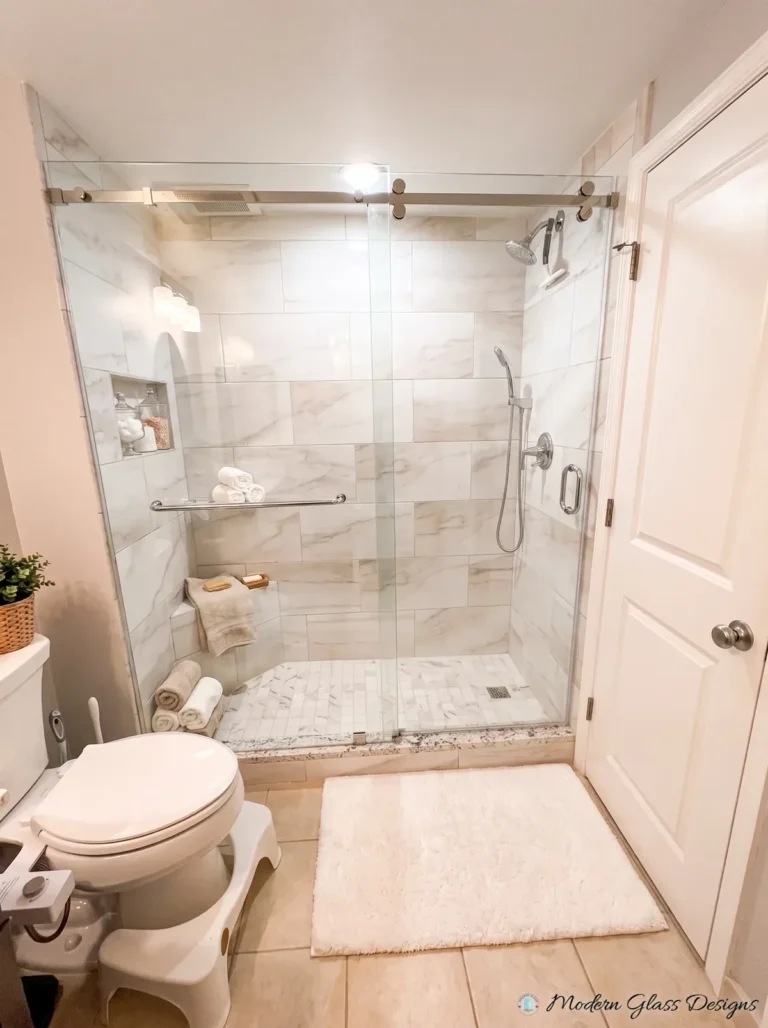 Frameless Sliding Shower Door, Brushed Nickel, White Tile