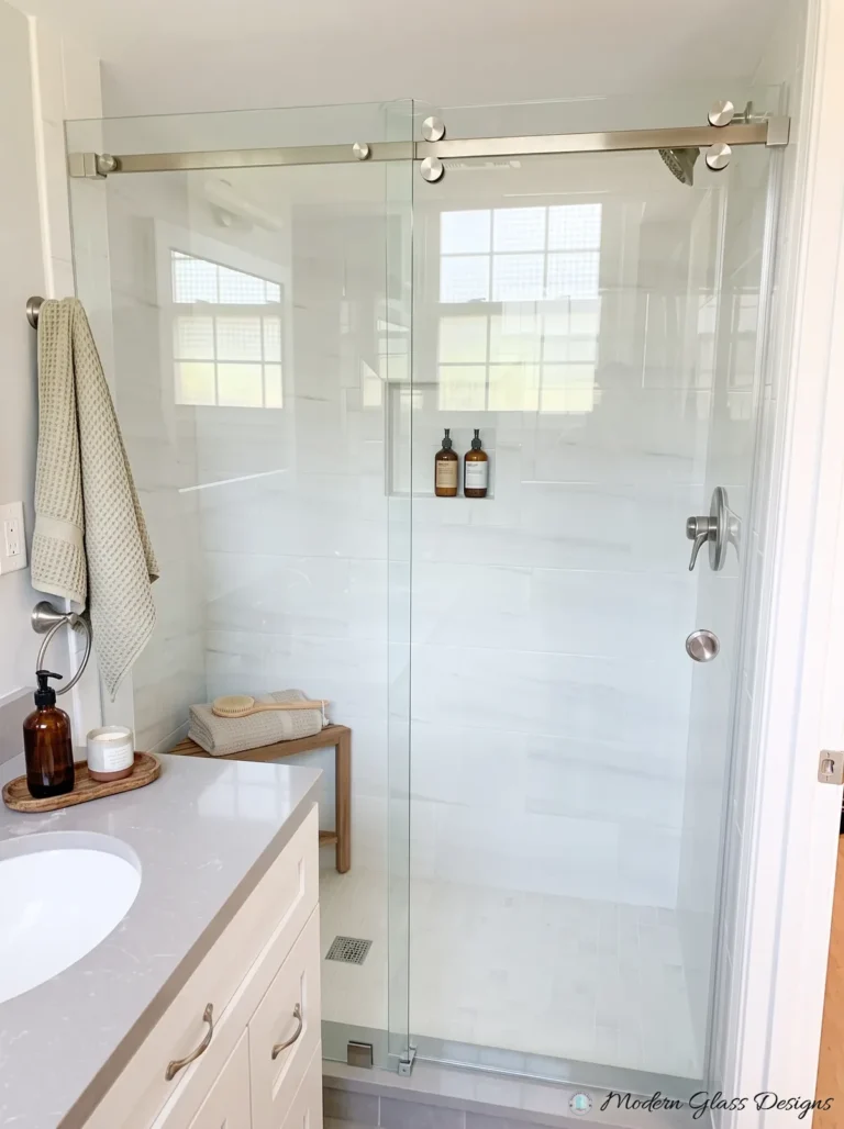 Frameless Sliding Shower Door, Brushed Nickel, Window Wall