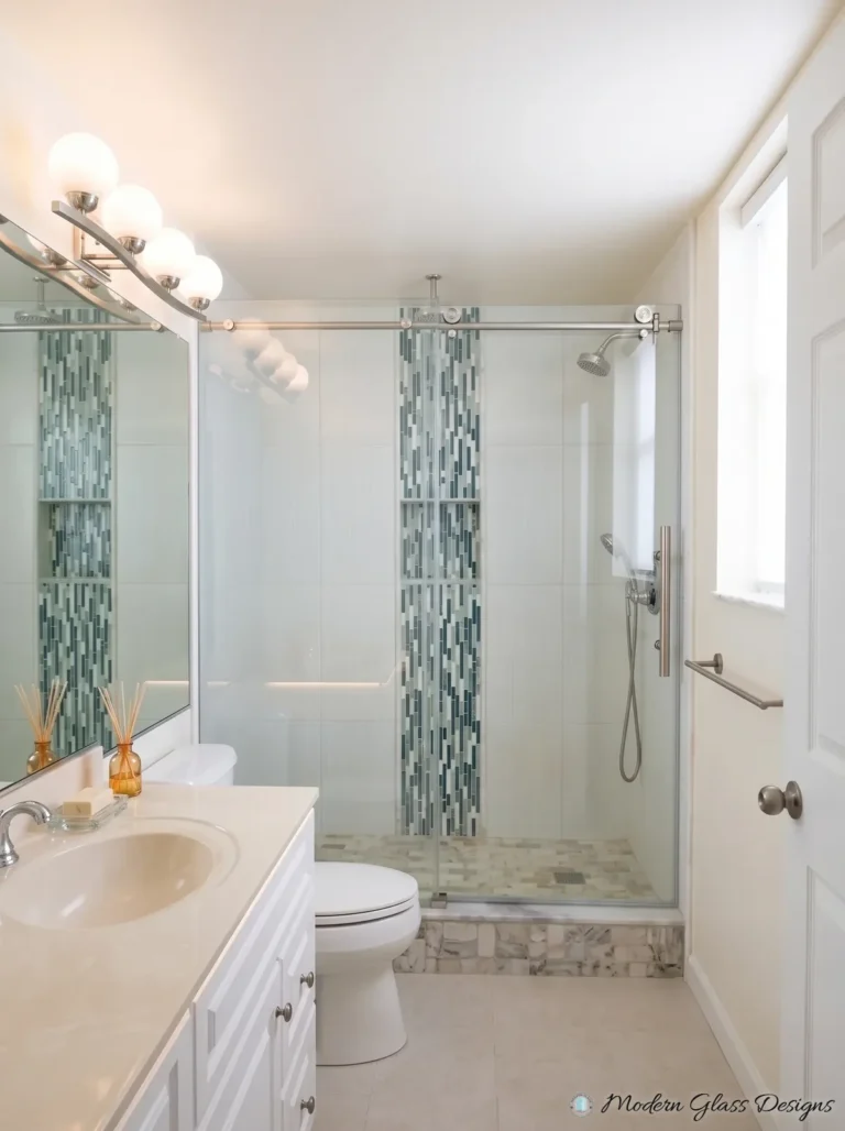 Frameless Sliding Shower Door, Chrome, Blue Mosaic Accent