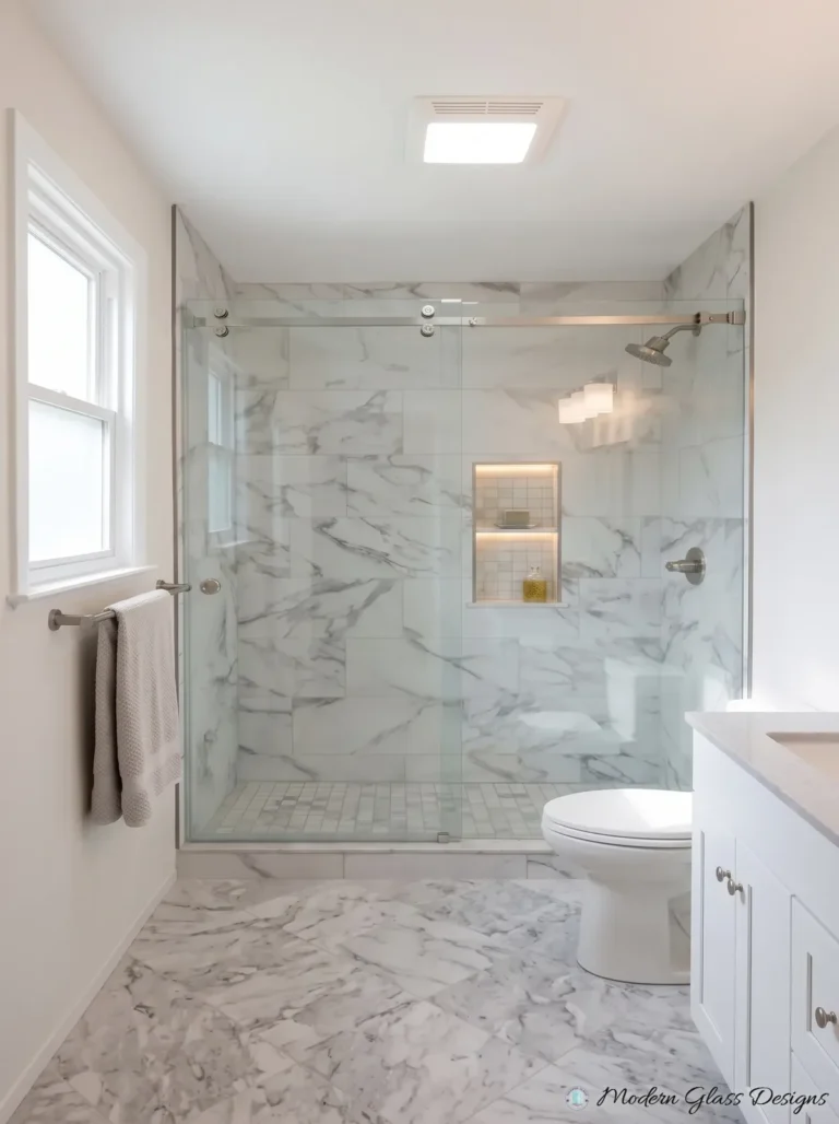 Frameless Sliding Shower Door, Chrome, Grey Marble, Lit Niche