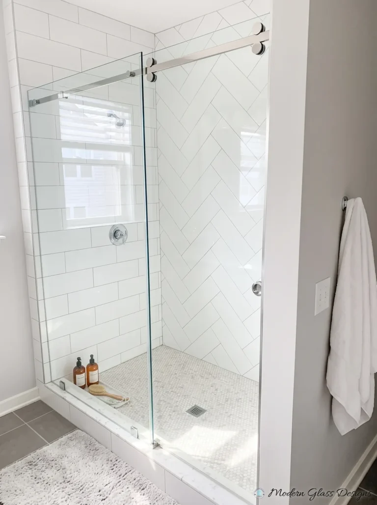 Frameless Sliding Shower Door, Chrome, Herringbone Tile