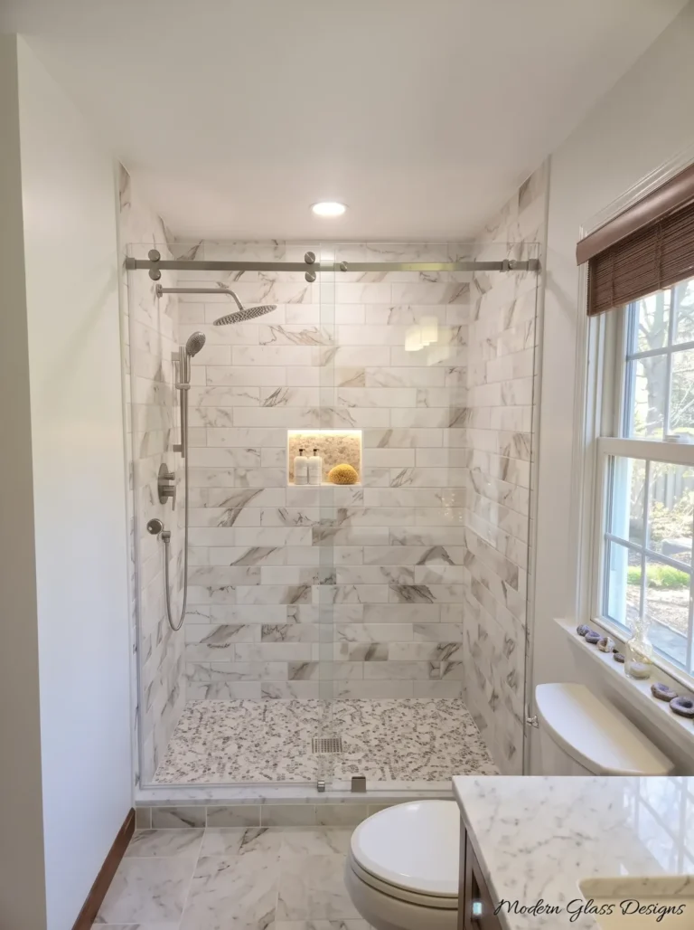 Frameless Sliding Shower Door, Chrome, Marble Tile, Pebble Floor
