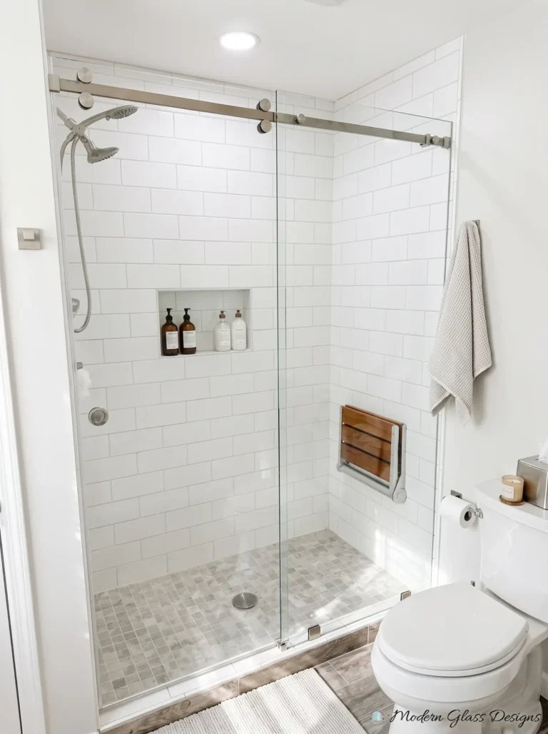 Frameless Sliding Shower Door, Chrome, Subway Tile, Fold-Down Seat