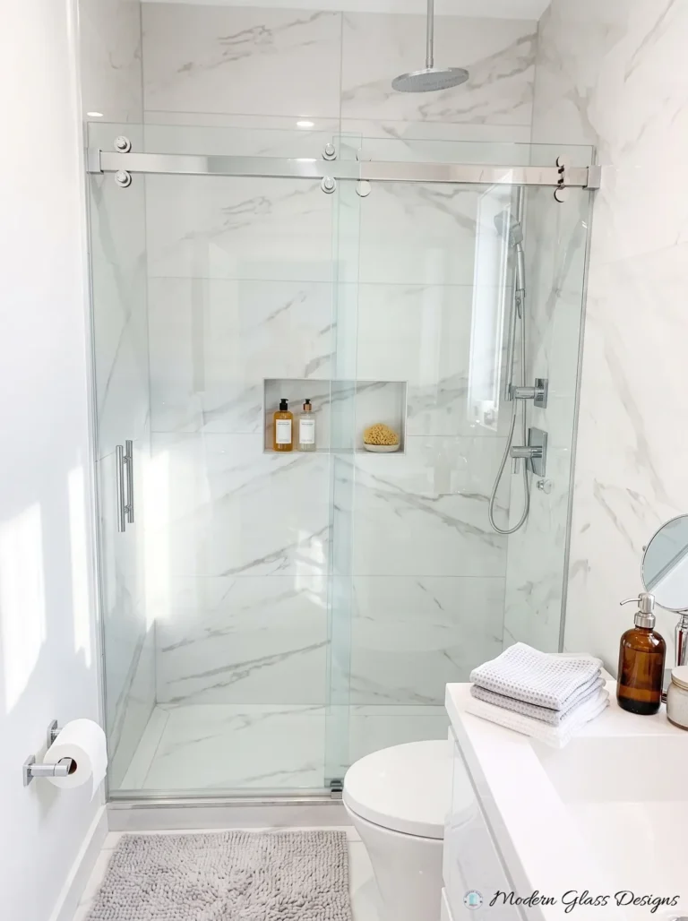 Frameless Sliding Shower Door, Chrome, White Marble