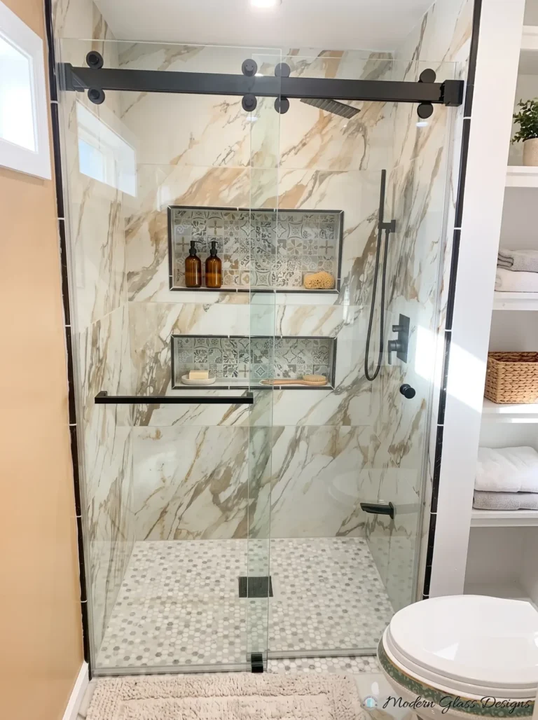 Frameless Sliding Shower Door, Matte Black, Gold-Veined Marble