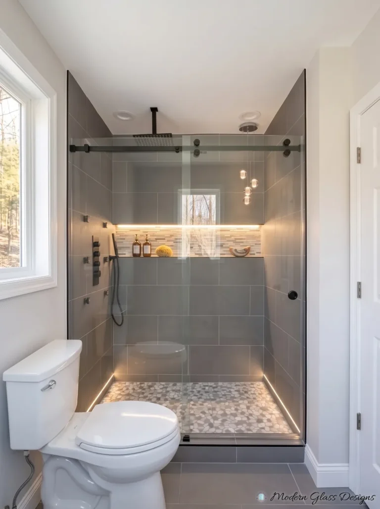 Frameless Sliding Shower Door, Matte Black, Grey Tile, Lit Niche