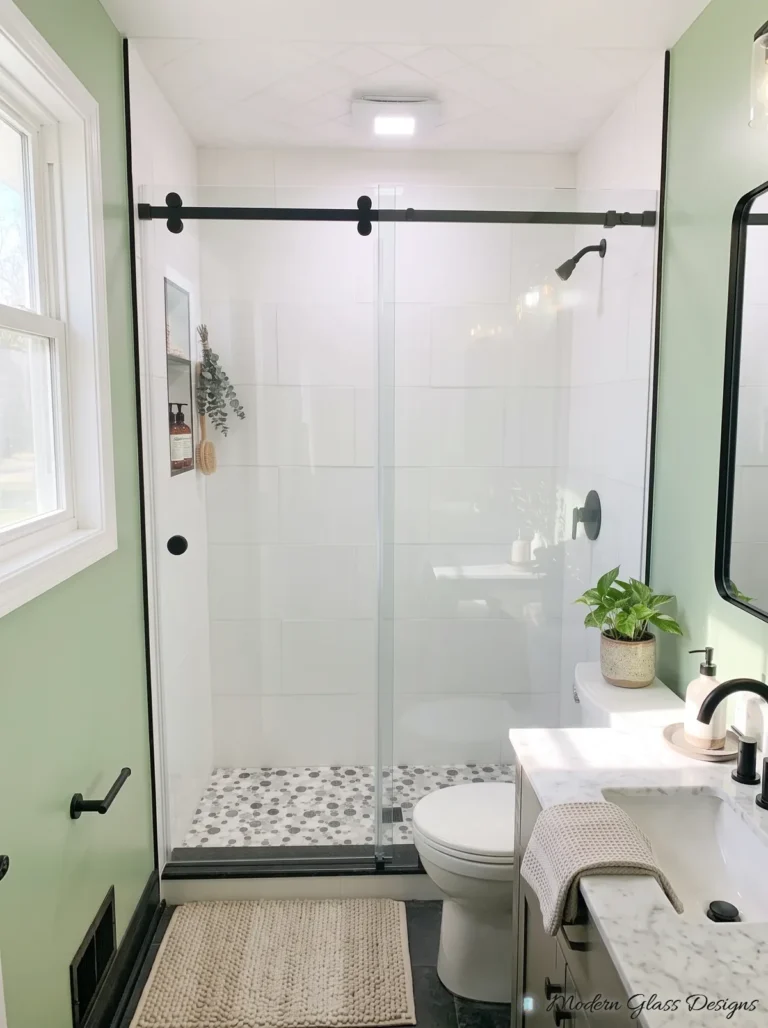 Frameless Sliding Shower Door, Matte Black, Sage Green Bathroom