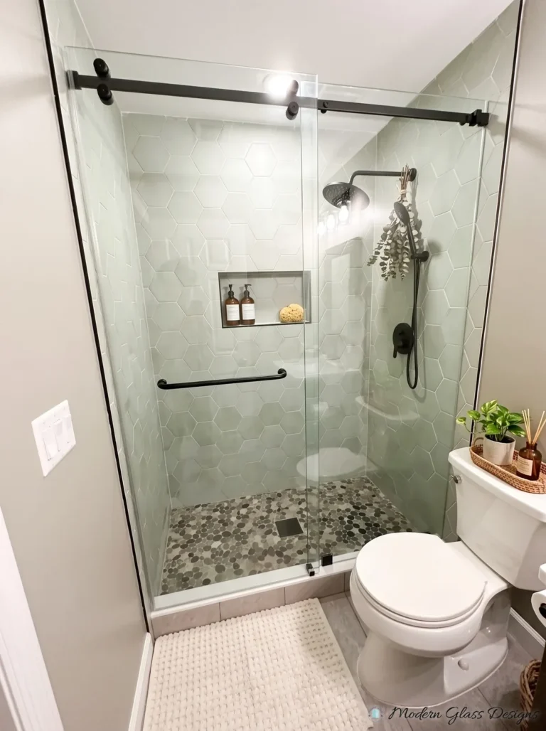 Frameless Sliding Shower Door, Matte Black, Sage Hex Tile