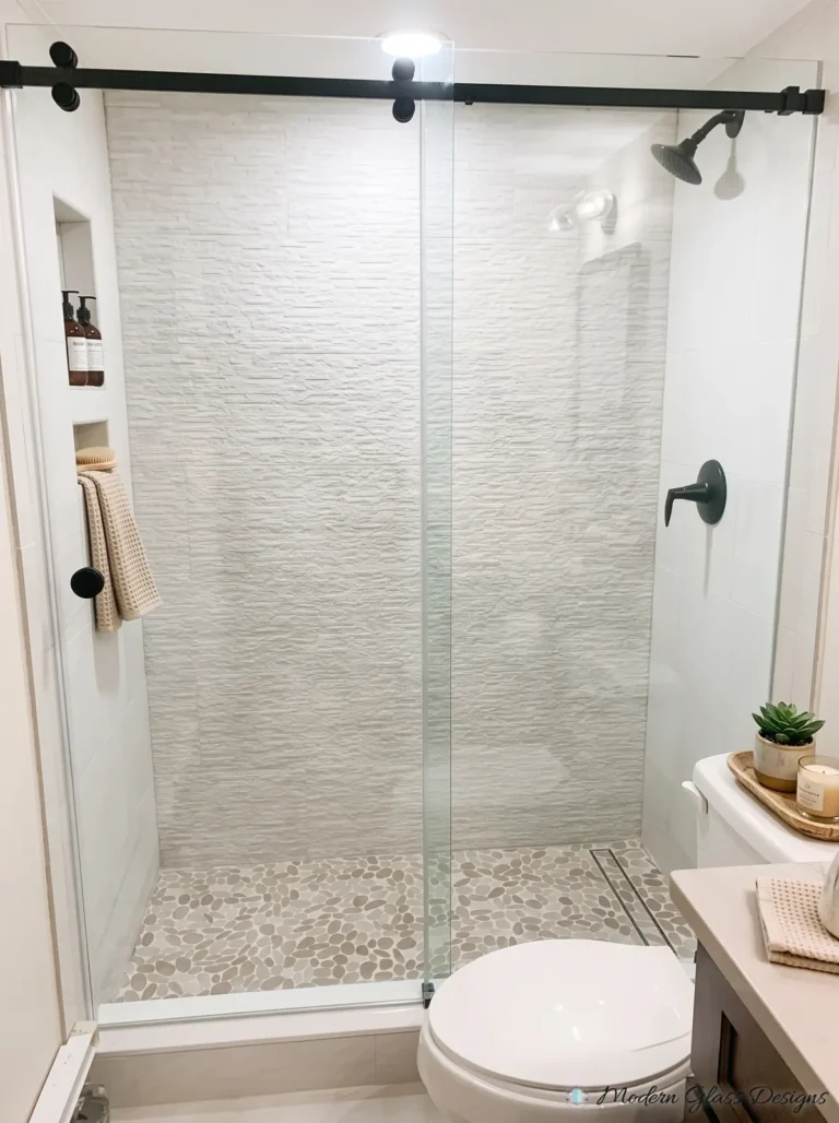 Frameless Sliding Shower Door, Matte Black, Textured White Tile