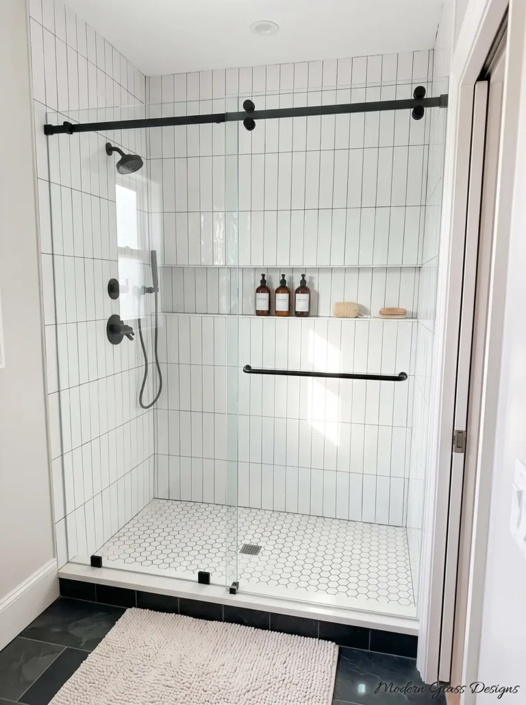 Frameless Sliding Shower Door, Matte Black, Vertical White Tile