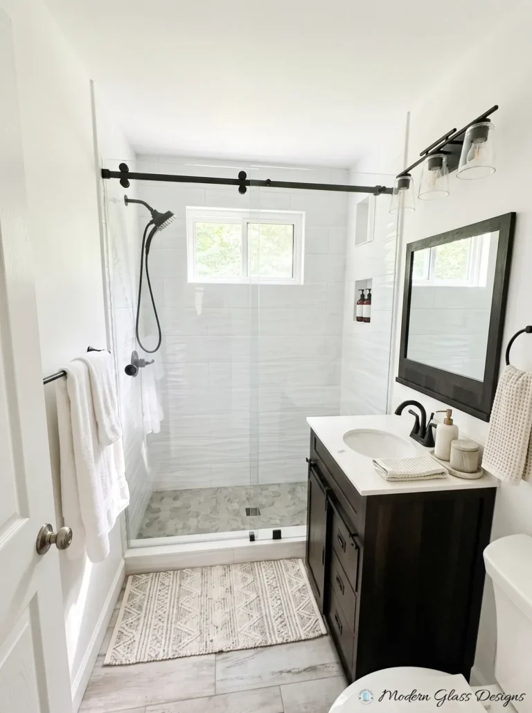 Frameless Sliding Shower Door, Matte Black, Wave Tile