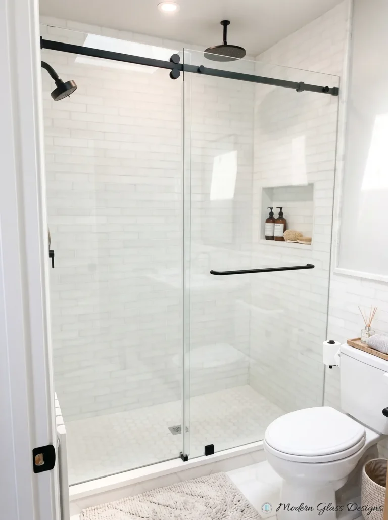 Frameless Sliding Shower Door, Matte Black, White Brick Tile