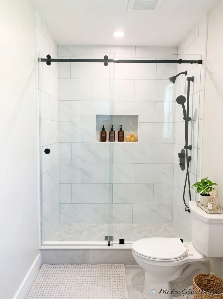 Frameless Sliding Shower Door, Matte Black, White Marble Tile