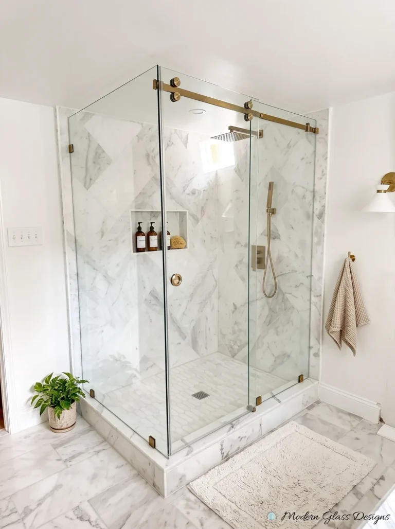 Frameless Sliding Shower Enclosure, Brushed Brass, Marble Corner