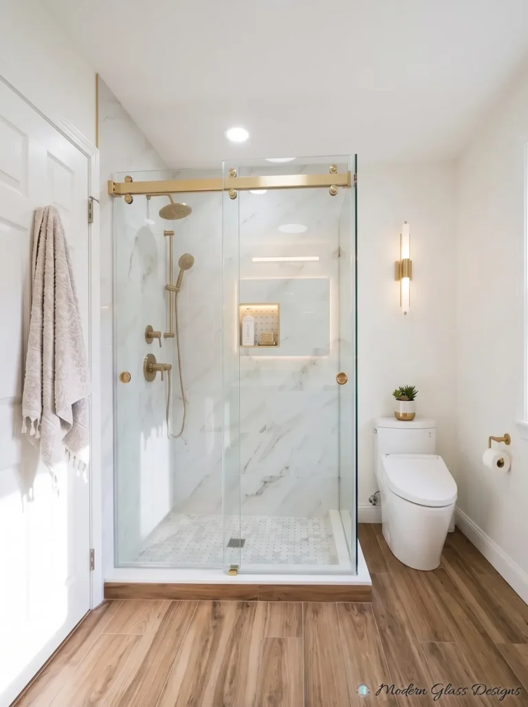 Frameless Sliding Shower Enclosure, Brushed Gold, Marble