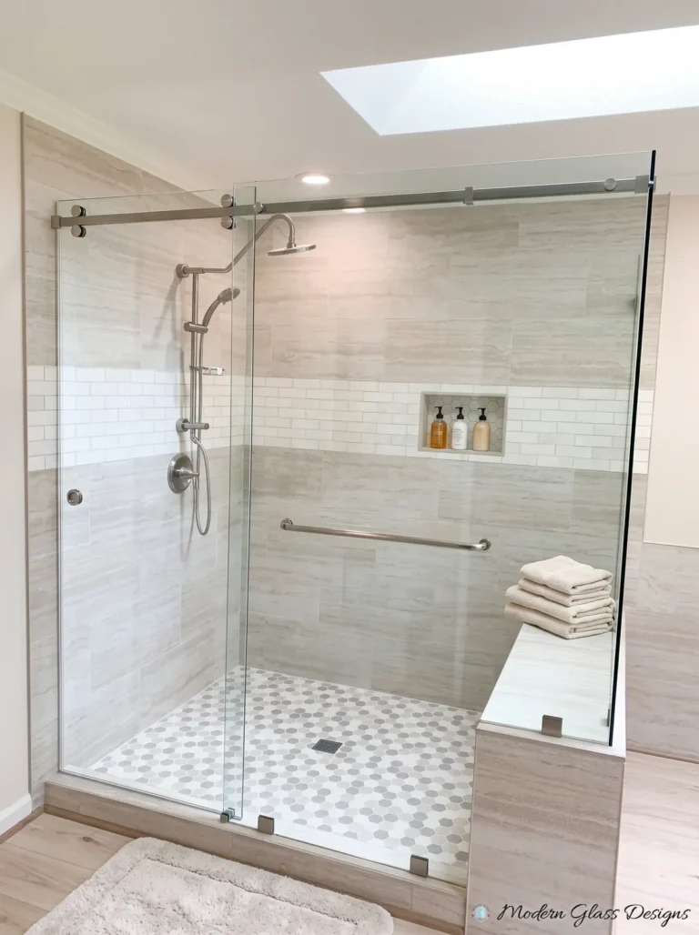 Frameless Sliding Shower Enclosure, Brushed Nickel, Bench Wall