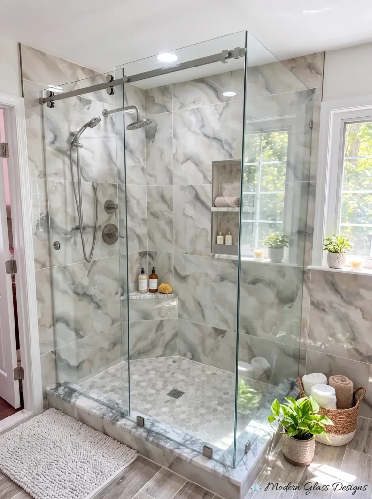 Frameless Sliding Shower Enclosure, Brushed Nickel, Grey Marble