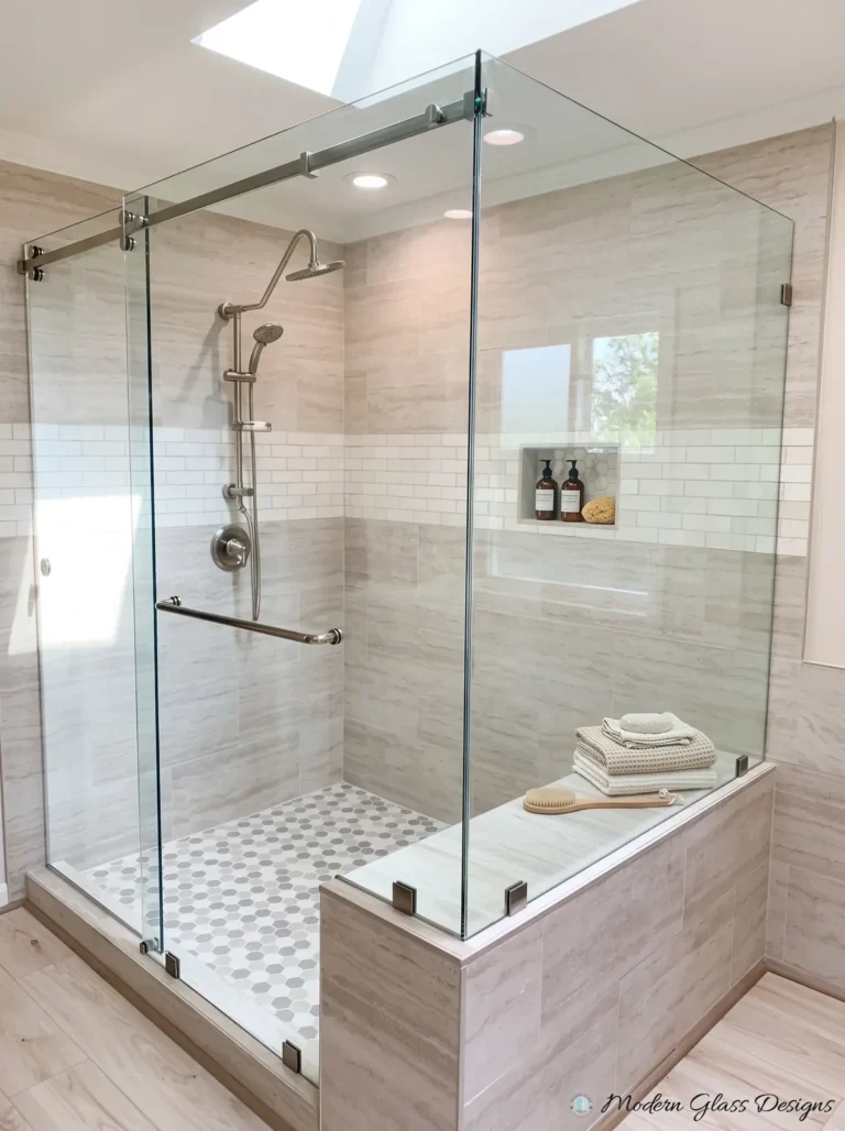 Frameless Sliding Shower Enclosure, Brushed Nickel, Skylight, Bench