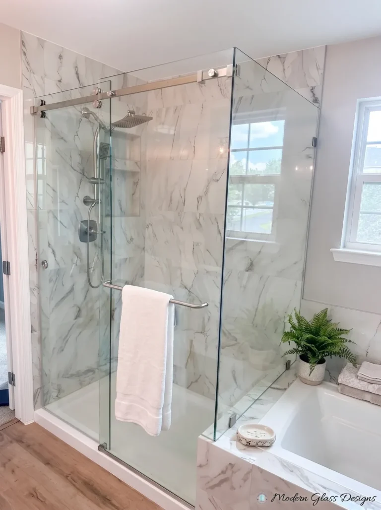 Frameless Sliding Shower Enclosure, Brushed Nickel, Tub Deck