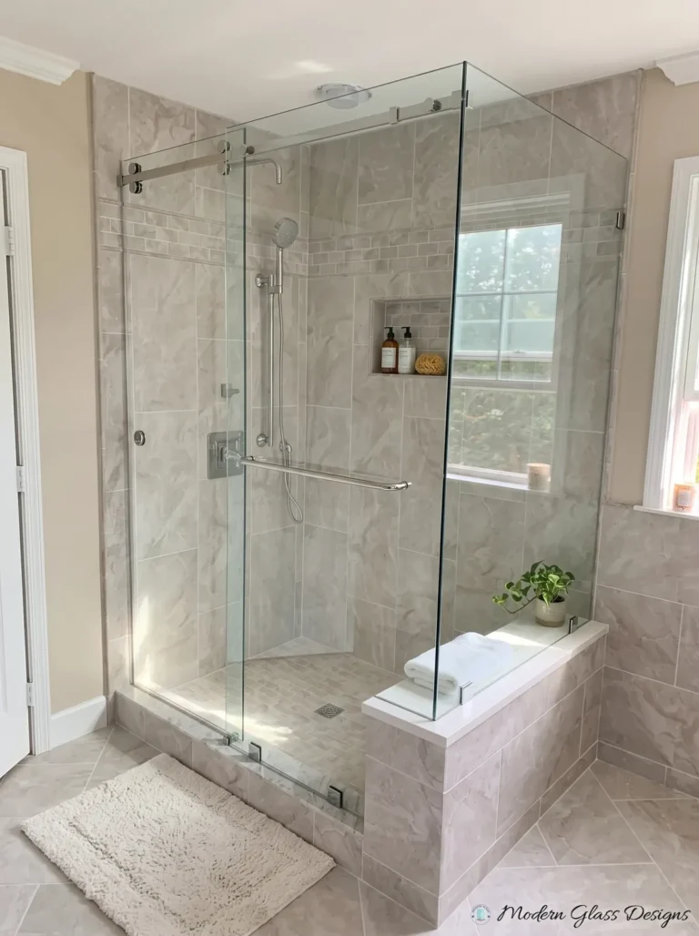 Frameless Sliding Shower Enclosure, Chrome, Bench and Window